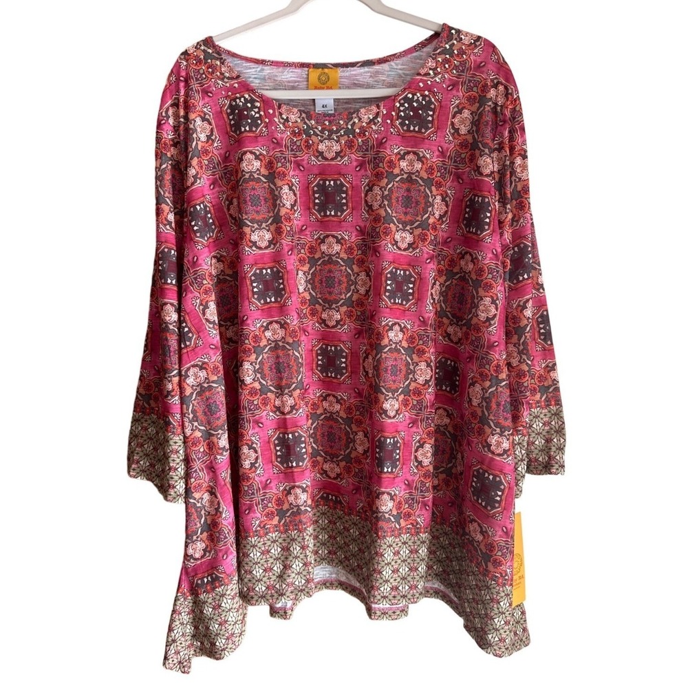 Ruby Rd 4X Sequin Neckline Print Blouse Sublimation‎ Plus Size Dressy Casual